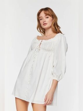 Soft White Ruffle Trim Cute Babydoll Mini Cottage Dress 🤍🌿